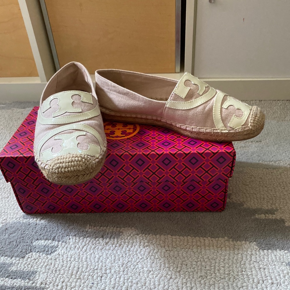 Tory Burch Pink and Cream Logo Espadrille Flats